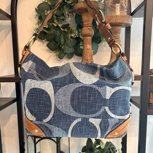 Vintage Coach Carly Signature Denim Blue Hobo Bag with Brown Leather Trim